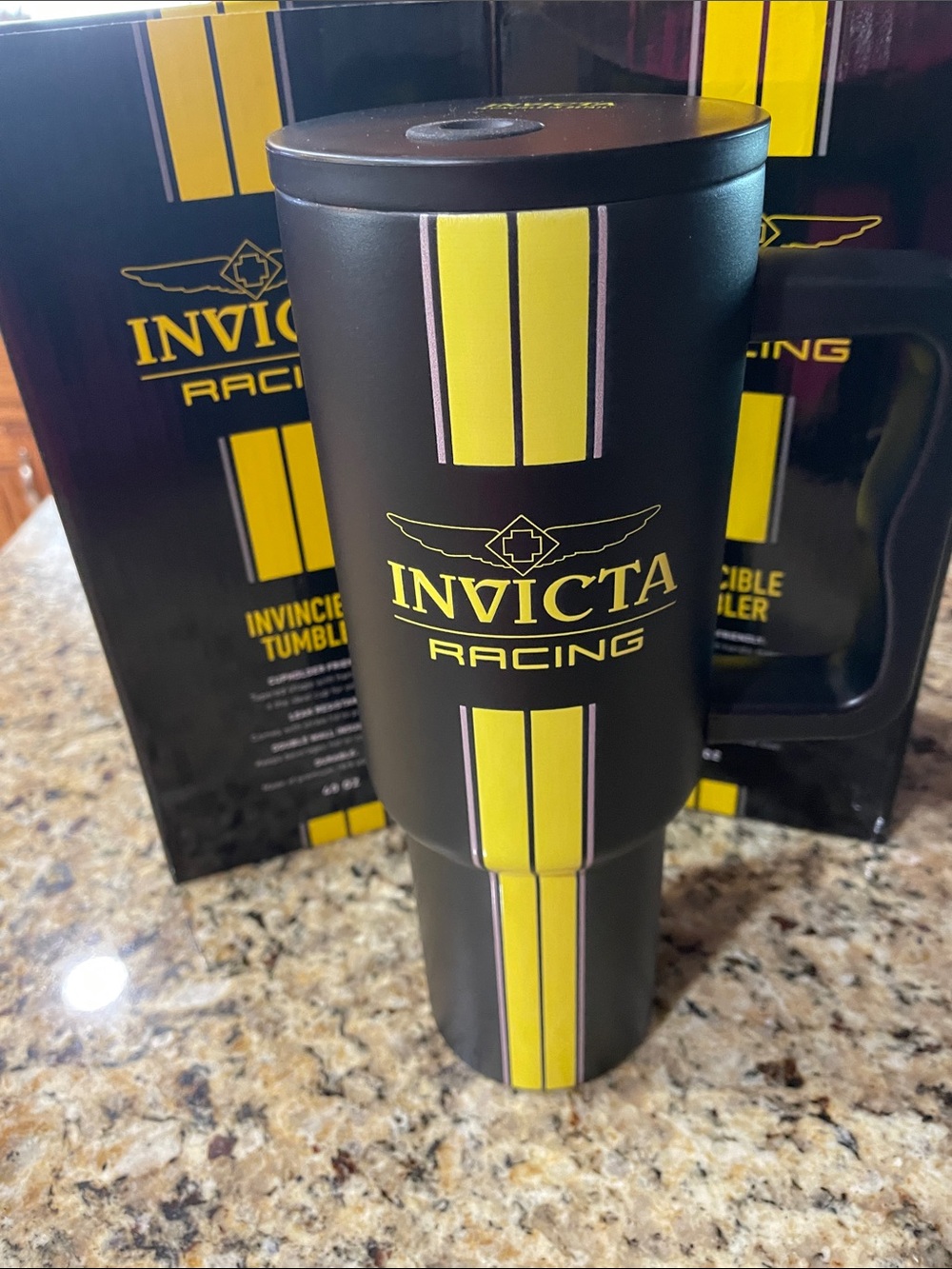 Invicta Racing Black Tumbler with Yellow Stripes